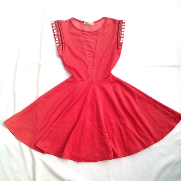 Arden B Dresses & Skirts - Salmon Red Coral Mesh Cutout Embellished Sun Dress